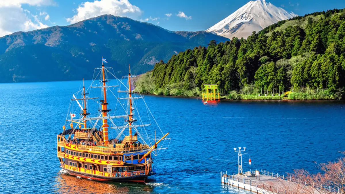 Hakone Shrine torii gate on Lake Ashi on a Mt Fuji and Hakone day tour from Tokyo, Japan