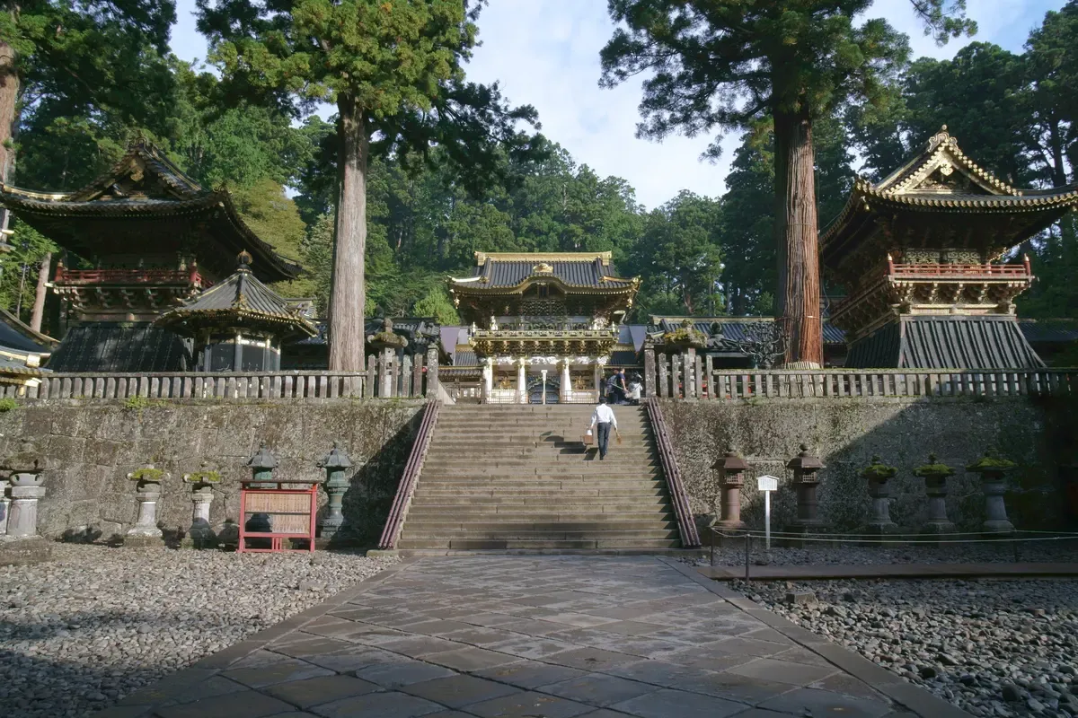Steps up to the Yomeimon gate of Nikko Toshogu between cedars on a day trip from Tokyo