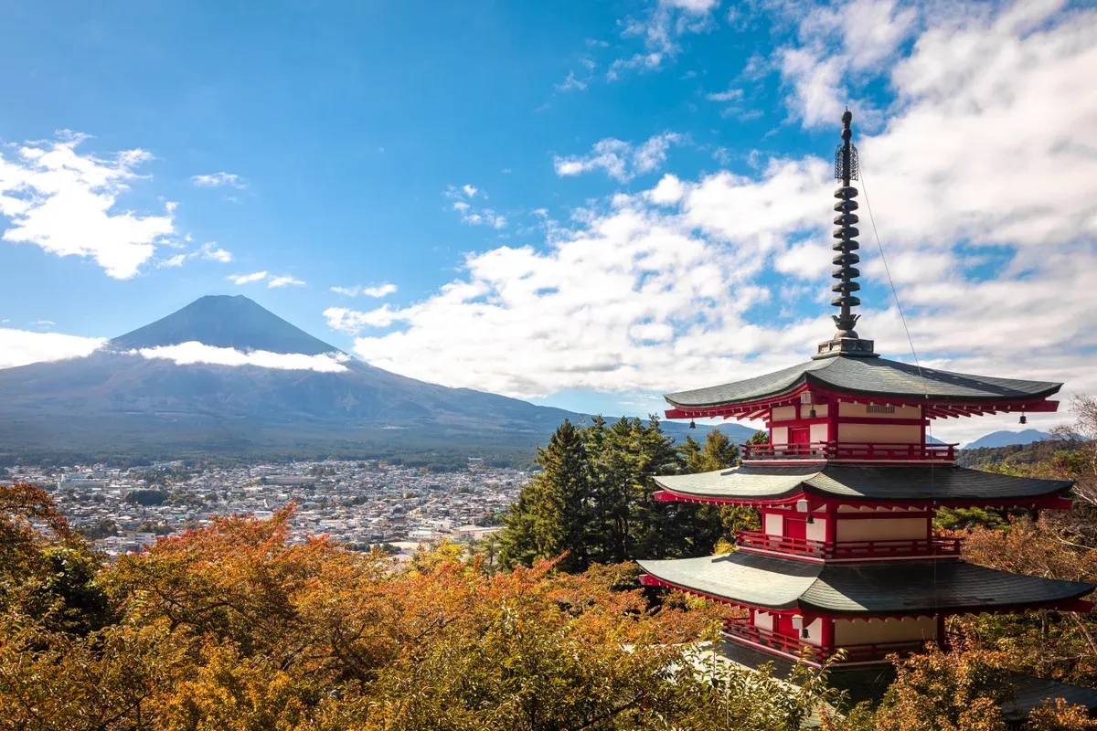 Chureito Pagoda with Mt Fuji beyond Fujiyoshida on a Chureito Pagoda day tour from Tokyo