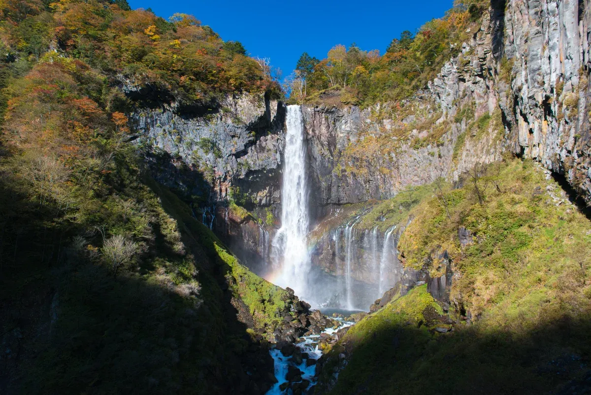 Kegon Falls with autumn colour in Nikko on a Nikko day tour from Tokyo