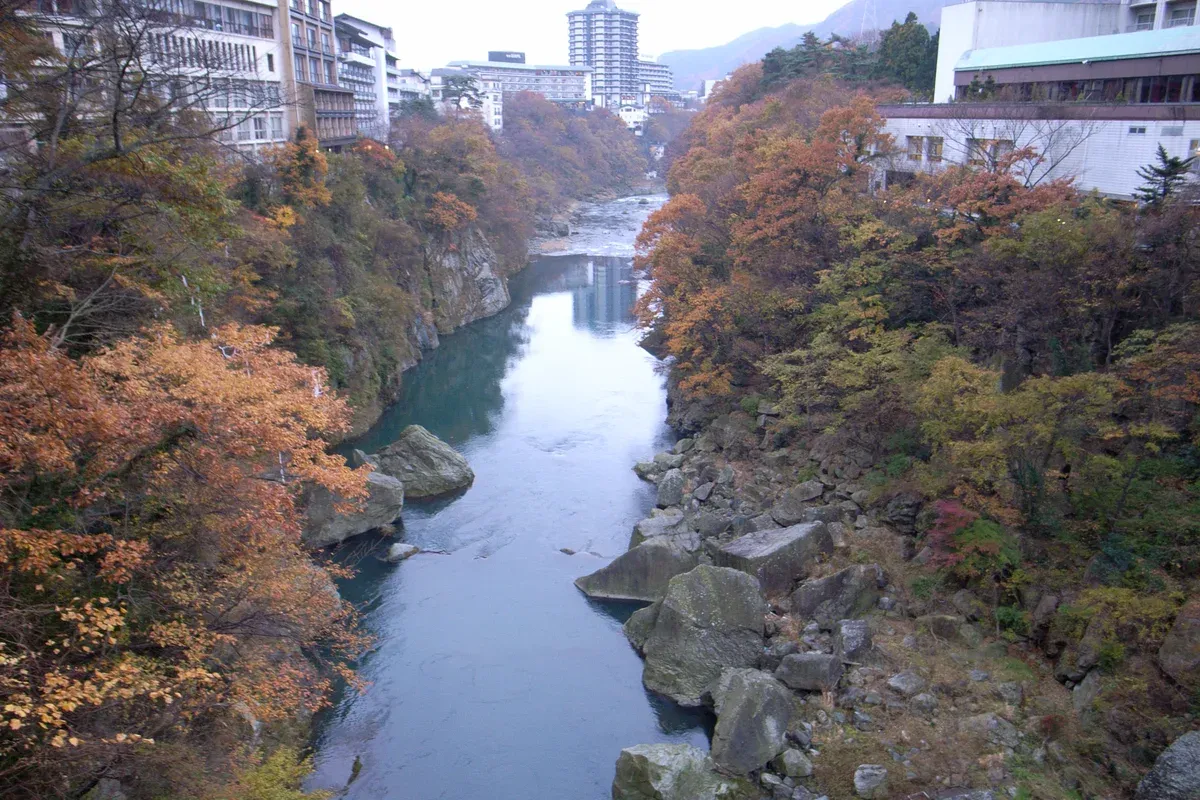 Kinu River gorge in autumn at Kinugawa Onsen on a two-day day trip from Tokyo