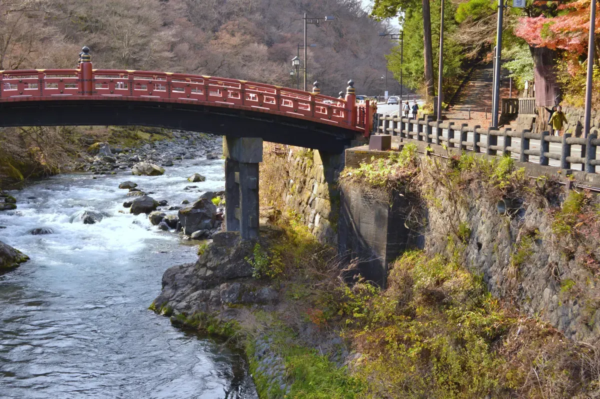 Red Shinkyo Bridge over the Daiya River in Nikko on a Nikko day trip from Tokyo