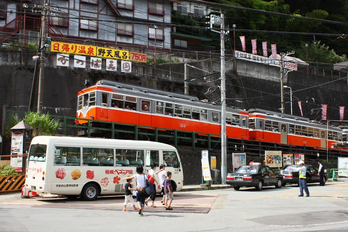 Orange Hakone Tozan Railway train at Hakone-Yumoto on a two-day day trip from Tokyo
