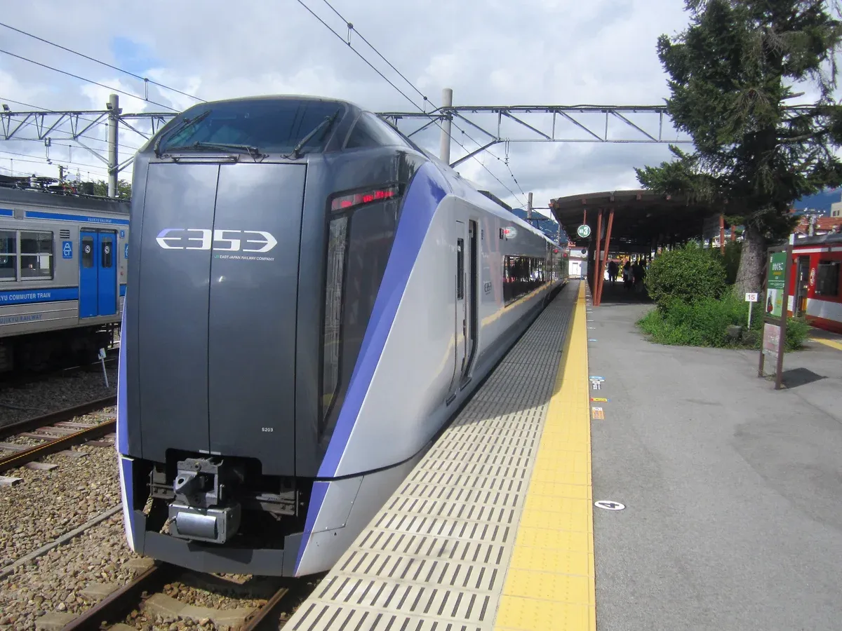 Fuji Excursion train at Kawaguchiko Station on a day trip from Tokyo to Mt Fuji