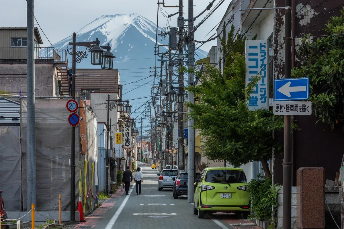 Shimoyoshida street with Mt Fuji beyond on a small group day tour from Tokyo