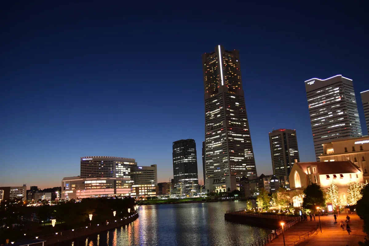 The Minato Mirai skyline at dusk in Yokohama on a day trip from Tokyo
